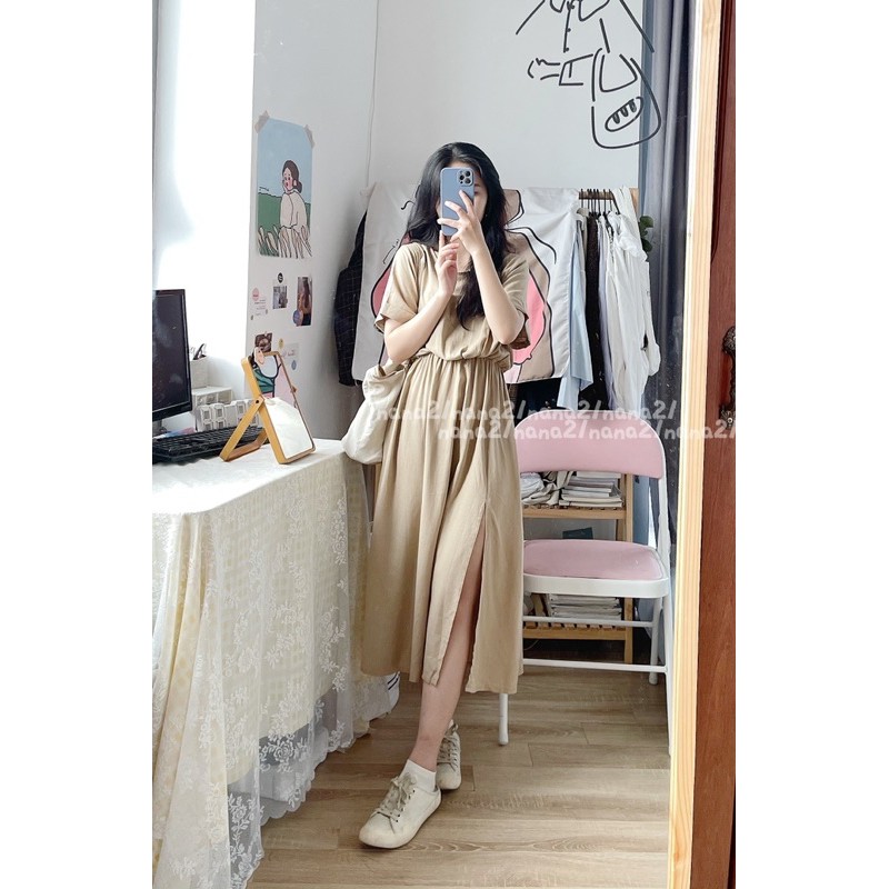 Váy cộc tay thô đũi xẻ vạt | BigBuy360 - bigbuy360.vn