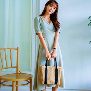 Đầm midi, váy xoè màu mint form dài cổ V (kèm hình thật)