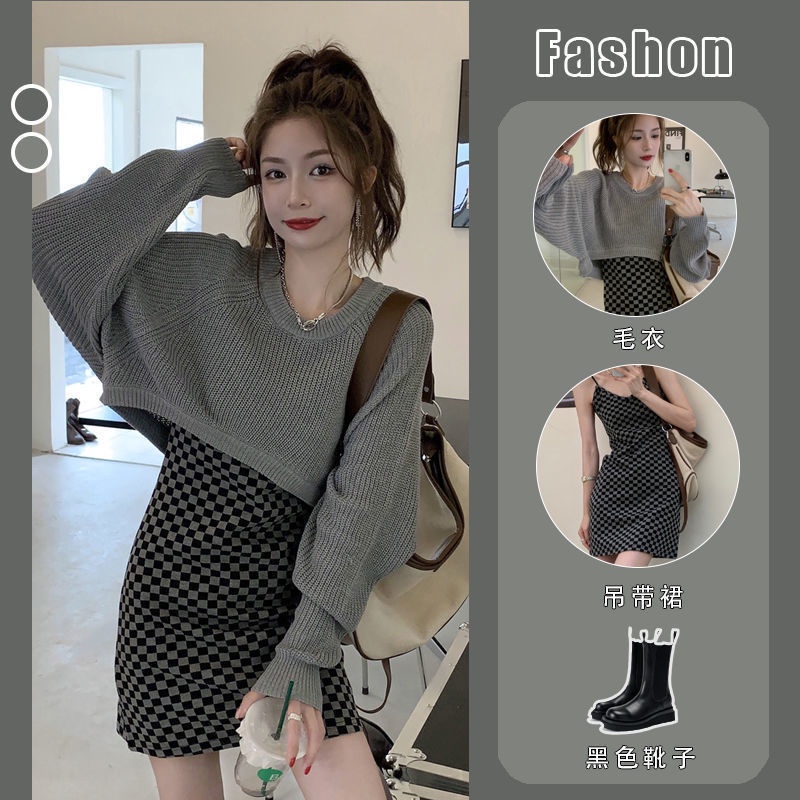Hot!F &amp; X Set Áo Sweater Dệt Kim Dáng Ngắn Phối Đầm Hai Dây Phong Cách Retro Thời Trang Mùa Xuân Dành Cho Nữ 2022