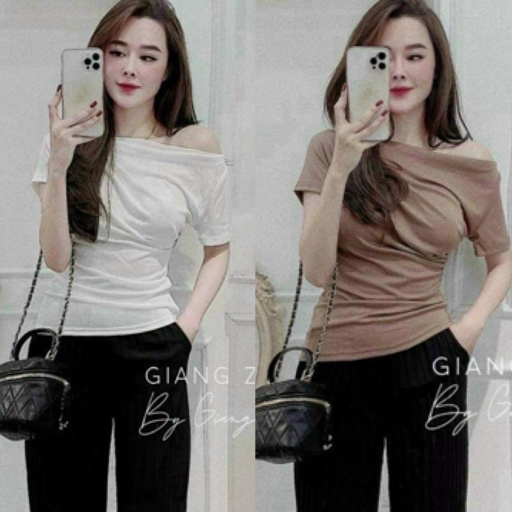 Áo kiểu lệch vai thun dẻo, Áo thun kiểu ngắn tay vai lệch AK1201 - NhiNhiShop