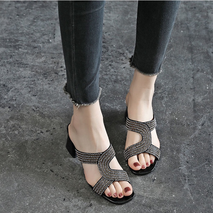 Tikp Dép Cao Gót Quai Ngang Đính Đá 2 Màu Tùy Chọn Size 34-40