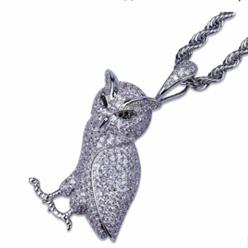 Owl necklace gold color ice out miniature pillow cubic zircon rope men's charm chain
