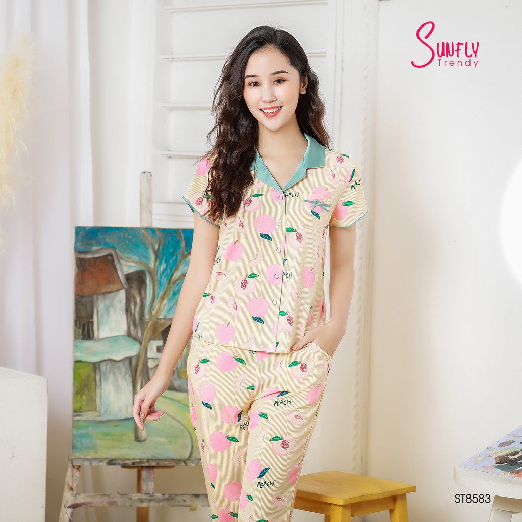 Bộ pijamas lụa áo cộc, quần dài Sunfly ST8583