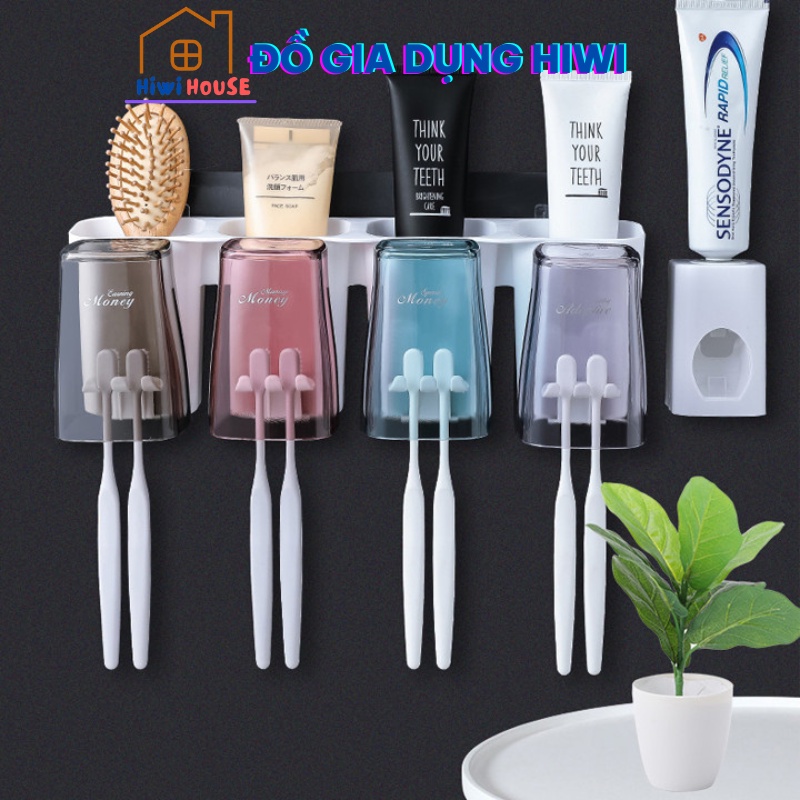 Bộ dụng cụ nhả kem đánh răng tự động 4 cốc và giá treo bàn chải đa năng