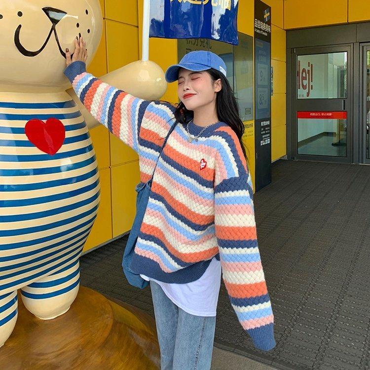 Áo sweater dệt kim dáng rộng họa tiết kẻ sọc phong cách retro