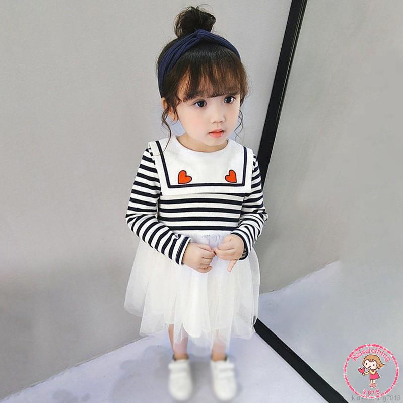 KIDS Đầm xòe tay dài kẻ sọc phối lưới đáng yêu cho bé gái