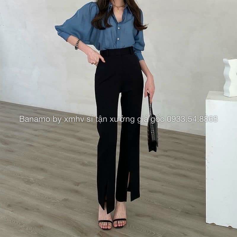 [Mã FAMARAL1 giảm 10K đơn 50K] Quần vải ống loe xẻ trước cạp cao dáng xinh thời trang Banamo Fashion quần loe xẻ gấu 435