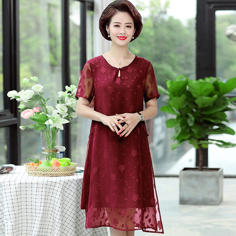 Đầm Chiffon Tay Ngắn Dáng Rộng Thời Trang Mùa Hè Cho Nữ Trung Niên
