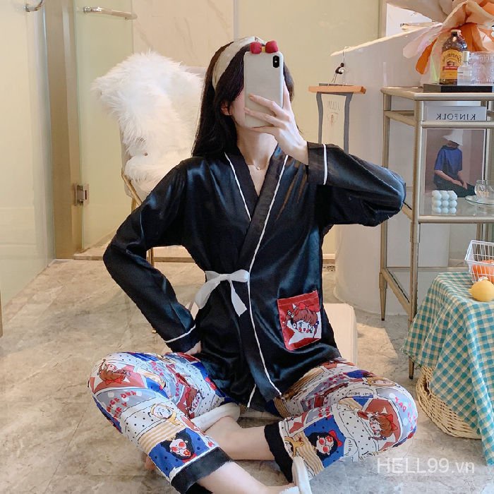 Bộ Đồ Ngủ Kimono Tay Dài Vải Lụa Lạnh Phối Dây Buộc Phong Cách Nhật Bản Thời Trang Xuân Thu Cho Nữ | BigBuy360 - bigbuy360.vn