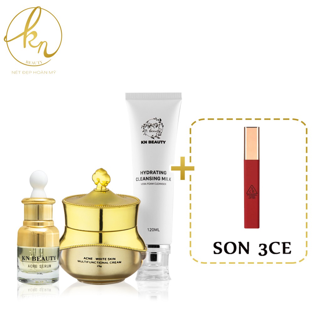 Bộ 3 sản phẩm ngừa mụn KN Beauty + tặng son 3CE: Serum dưỡng trắng ngừa mụn + kem dưỡng trắng ngừa mụn + sữa rửa mặt