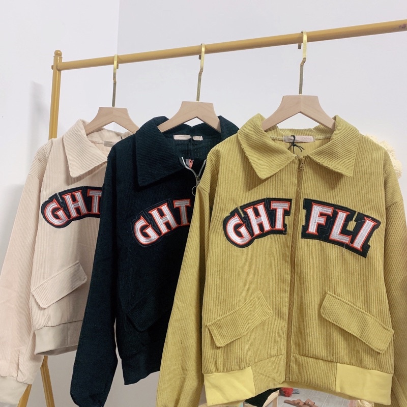 Áo Bomber Dáng Cộc Croptop Cổ Bẻ Khoá Thêu Chữ Áo Khoác Nhung Tăm