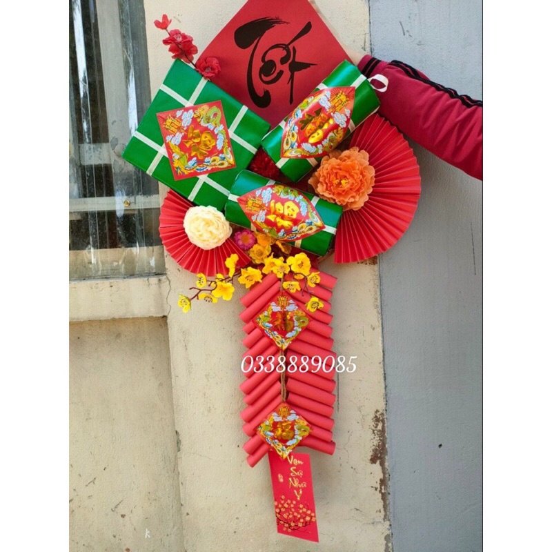 Mẹt trang trí tết siêu to có bánh chưng, bánh tét, hoa đào, hoa mai, rẻ quạt, siêu đẹp