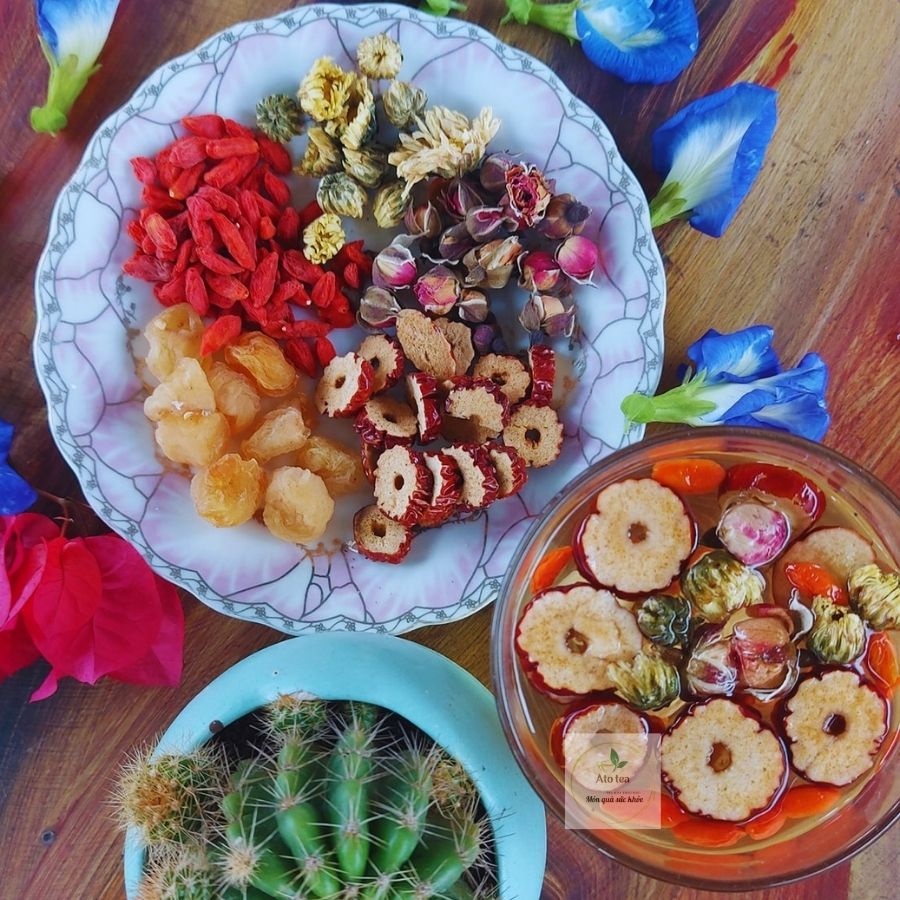 Trà dưỡng nhan 5 vị-long nhãn, táo đỏ, kỷ tử, hoa cúc, hoa hồng