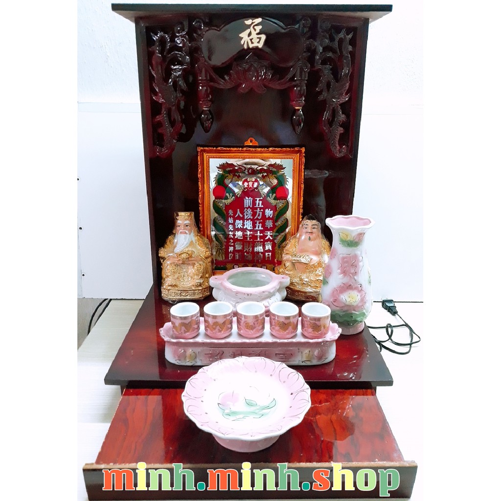 Combo đồ thờ cúng màu hồng: Bàn thờ 40cm hộc kéo, tài địa,...+ khuyến mãi