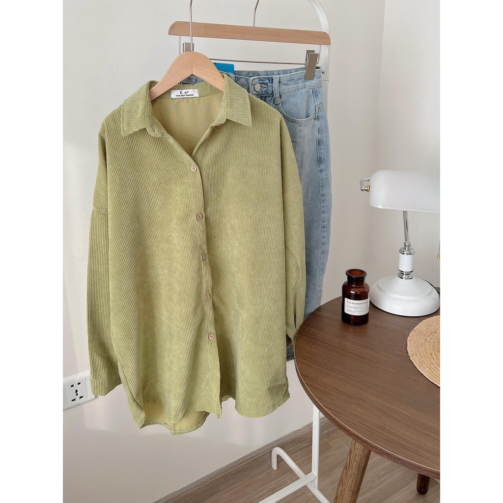 [Ảnh thật/Sẵn] Áo sơ mi nhung tăm trơn dài tay oversize form rộng ulzzang