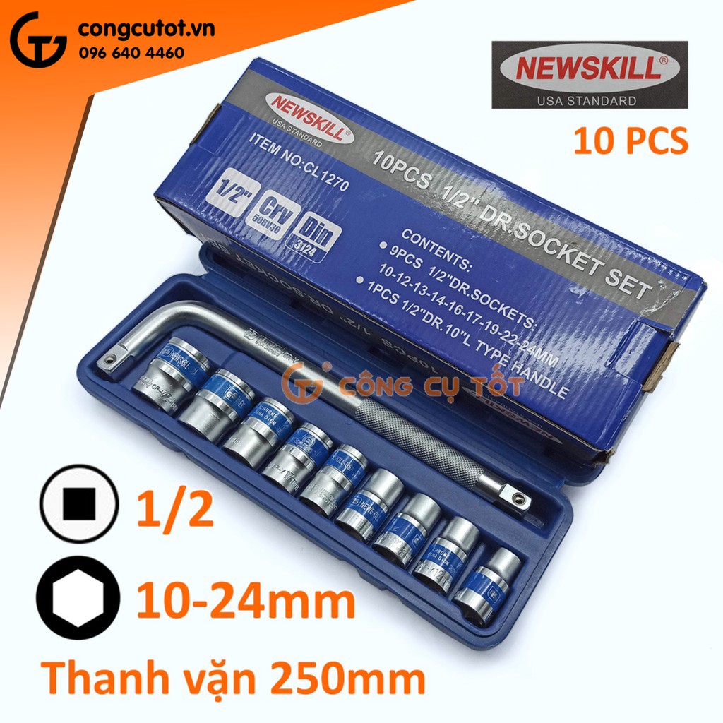 Bộ khẩu 10-24mm cần cong thép 50BV30 giàu Crôm hiệu NEWSKILL CL1270