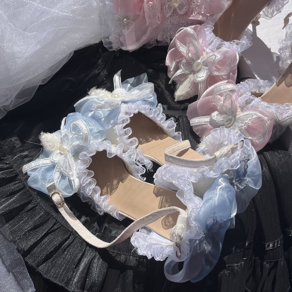 Giày Cao Gót Lolita Màu Hồng Xanh Lam Hồng Thanh Lịch Ngọt Ngào