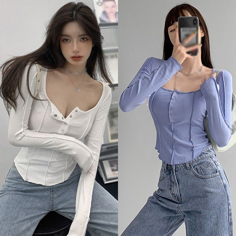 Áo thun nữ nút bấm vải ken gân đẹp Hot 2022A15