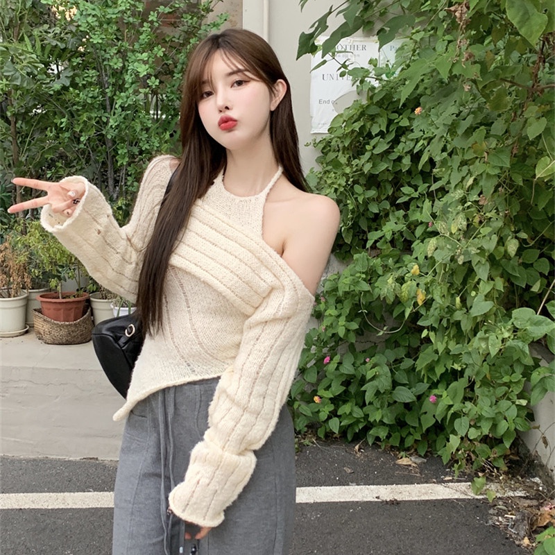 Áo Dệt Kim Nữ Tay Dài Khoét Vai Gợi Cảm