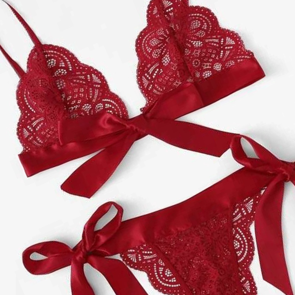 Bộ đồ lót ren babydoll gồm áo lót kiểu vỏ sò và quần lót thắt nơ gợi cảm cho nữ