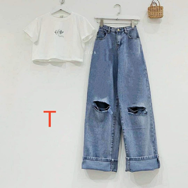 Sét crt thiên thần + quần bò rách ống rộng TTM868