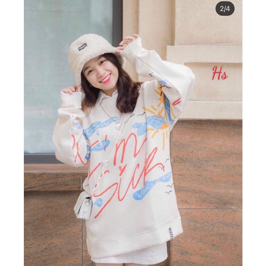Áo Thun Sweater Nỉ Nữ Trắng Sky IM SICK 61kg - Dài Tay Dáng Rộng G0101