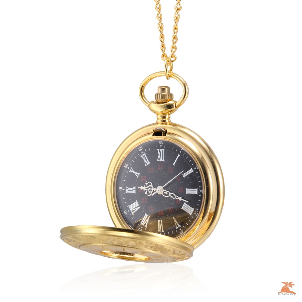 #Đồng hồ bỏ túi# Men Women Quartz Pocket Watch Golden Rome Number Carved Case with Chain