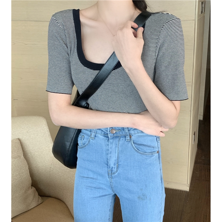 SUXI Áo Thun Tay Ngắn Cổ Chữ U Dáng Rộng Kẻ Sọc Ngang Trẻ Trung Phong Cách Hàn Quốc