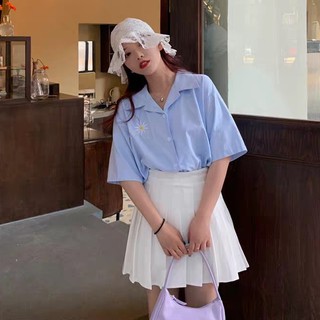 SET ÁO SƠ MI HOA CÚC DAISY XANH MIX CHÂN VÁY TENNIS TRẮNG - SET VÁY HỌC SINH TIỂU THƯ ULZZANG
