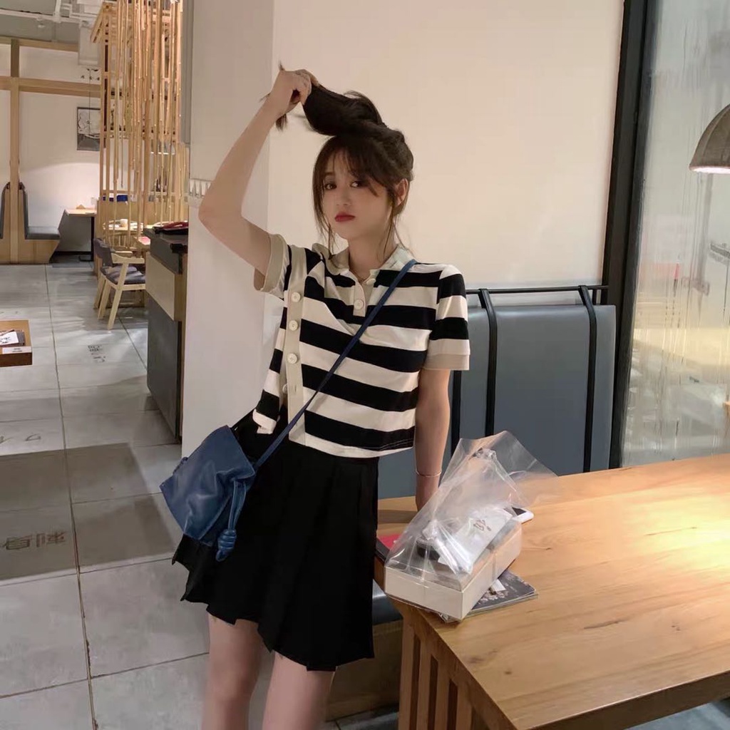 Áo polo Tay Ngắn Họa Tiết Kẻ Sọc Thời Trang Hàn Quốc Cho Nữ
