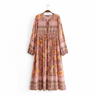 Váy boho vintage hồng nude thổ cẩm