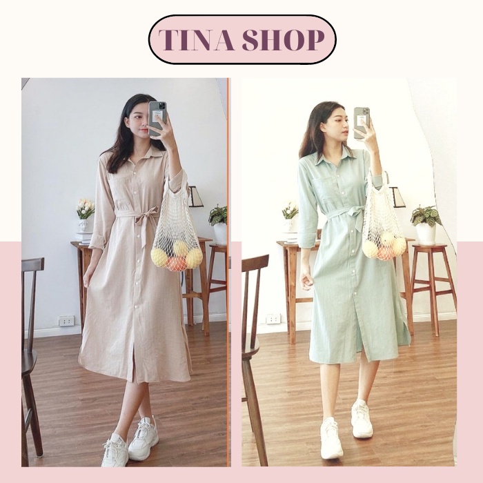 Váy Sơ Mi suông Thắt Eo Đầm Dáng Dài Bigsize Chất Linen Thun Đẹp, Thoáng Mát, Phom Rộng, Công Sở, Đi Chơi