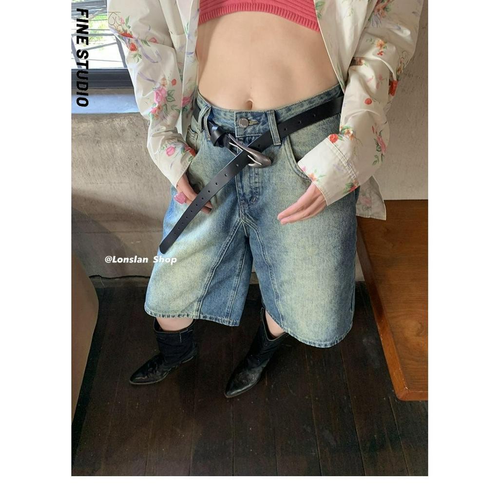 Fine Studio Quần Short Jean Lưng Cao Ống Rộng Dáng Suông Màu Gradient Mùa Hè Cho Nữ