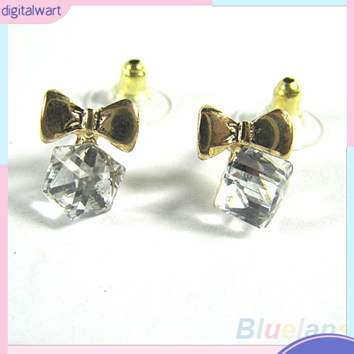 Cặp khuyên tai hình nơ đính đá quý nhân tạo khối vuông nhiều màu sắc trẻ trung cá tính dành cho nữ