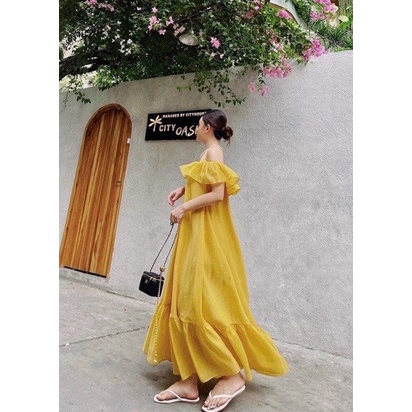 Đầm bẹt vai dáng suông màu vàng, hồng, xanh, tím SELENA110