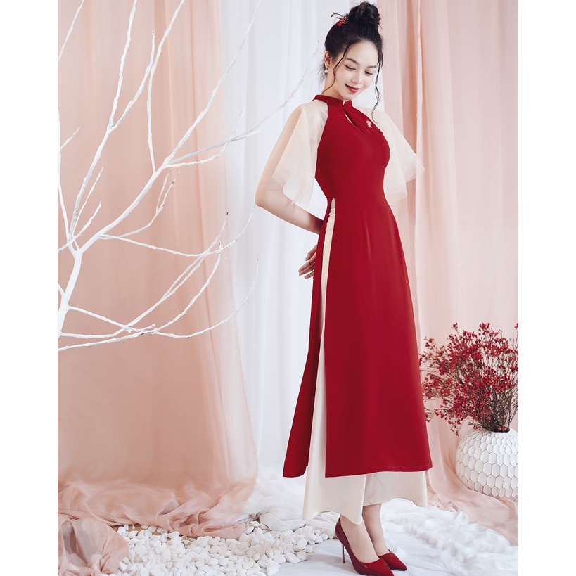 Áo dài cách tân nữ tay lưới LOLEM SQ029 cách điệu đính pha lê chất tăm Nhật