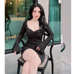 Đầm tay dài xoắn ngực tay loe xẻ ôm body dáng ngắn cực xinh , chất thun gân dày dặn