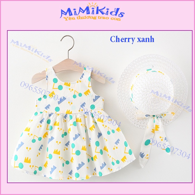 Váy đi biển/đầm đi biển/váy bé gái 2 quai họa cherry tiết xinh xắn, chất thô thoáng mát cho bé từ 1-4 tuổi