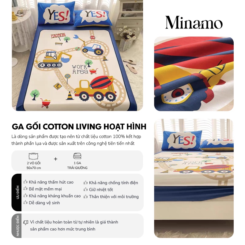 Bộ Vỏ Ga Gối Cotton Silk Living Minamo A06 Nhiều Mẫu Hoạt Hình, Mềm Mát, An Toàn Cho Da - Bảo Hành Chính Hãng Minamo