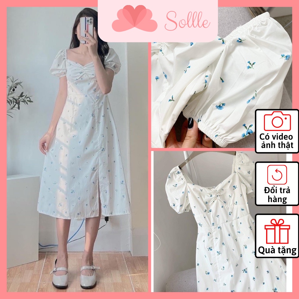 Váy trắng hoa xanh nhún ngực lưng chun đầm tiểu thư xẻ tà xòe dài Hàn Quốc đi biển Sollle