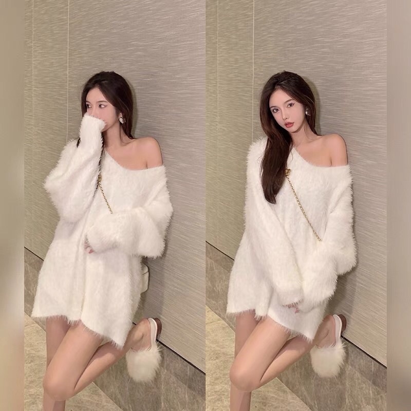 Áo len lông mịn cổ V dáng váy