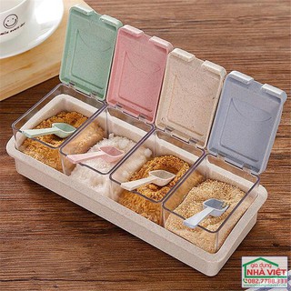 Khay 4 hộp đựng gia vị làm từ rơm lúa mì