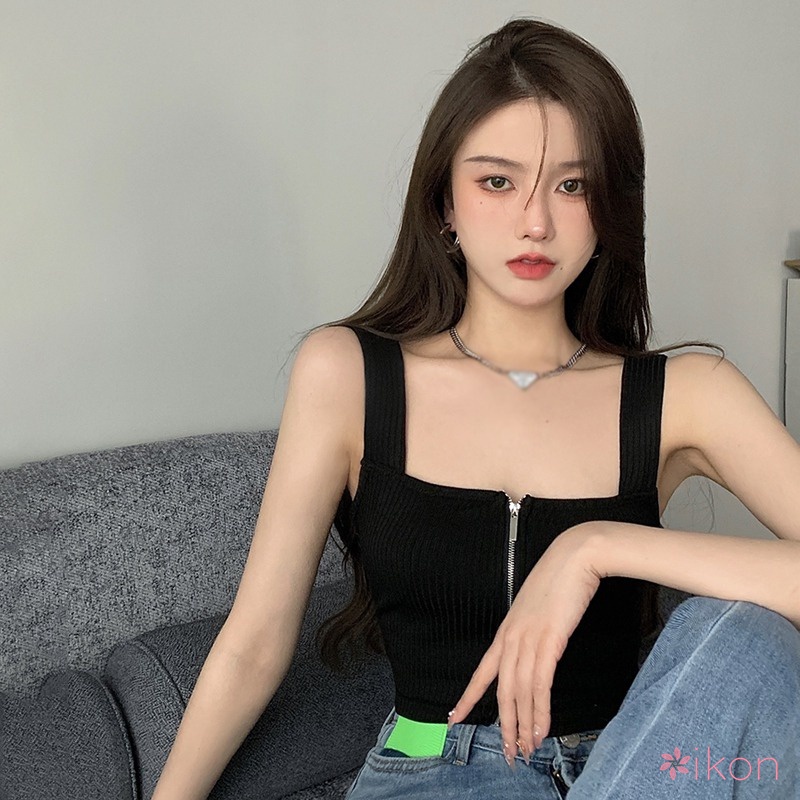 Áo Dệt Kim Hai Dây Dáng Ôm Màu Sắc Đơn Giản Có Khóa Kéo Thời Trang