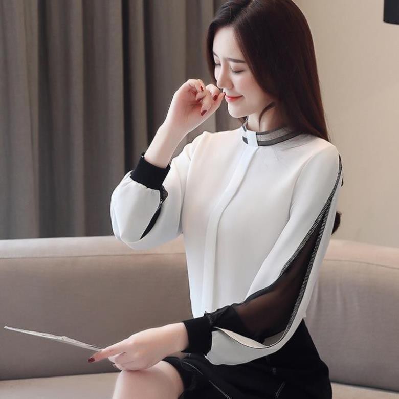 Áo Sơ Mi Nữ Thiết Kế VNXK Cao Cấp - Áo Công Sở Nữ Lụa Nẹp Giữa Tay Phối Voan Đen SM213 - TINI Shop