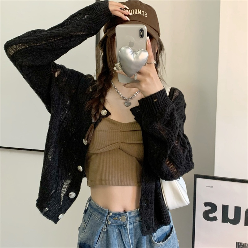 【ZHELIHANGFEI】Áo Cardigan Dệt Kim Tay Dài Lưng Cao Kiểu Dáng Quyến Rũ