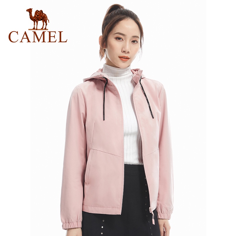 Áo khoác CAMEL có mũ phối khóa kéo phong cách thể thao năng động cho nữ