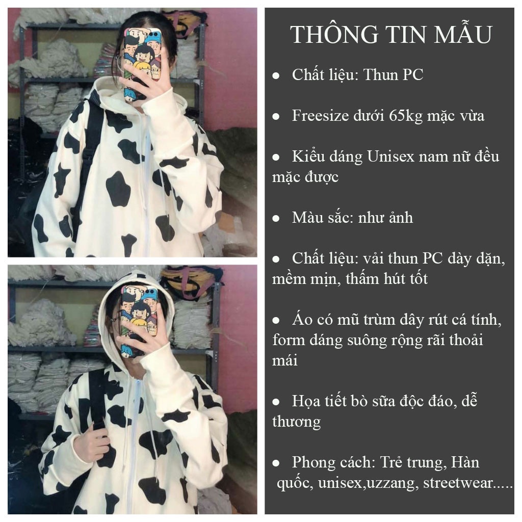 Áo khoác Unisex form rộng BÒ SỮA áo khoác hoodie nam nữ thời trang có mũ cá tính - CUTEZOO