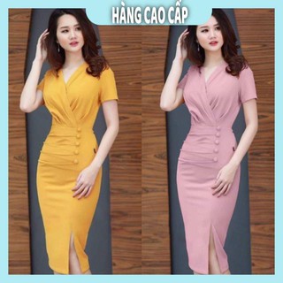 Đầm Nữ - Đầm body công sở cổ đắp chéo nút bọc thanh lịch (HÀNG SIÊU ĐẸP)