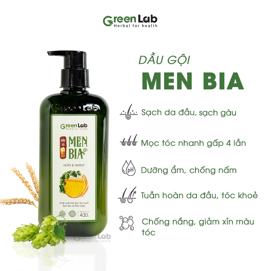 Dầu gội Men Bia GreenLab 400ml sạch gàu ngứa, giảm rụng , giúp tóc nhanh dài vượt trội