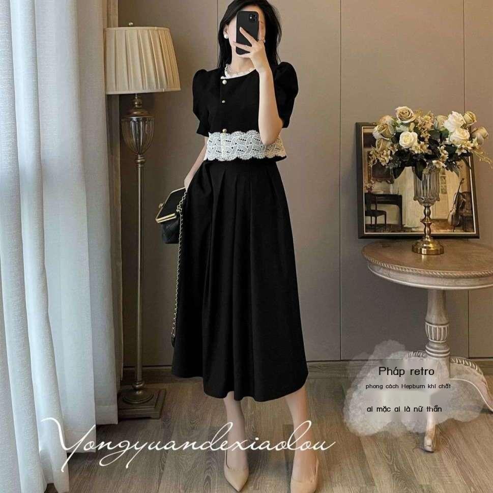 Bộ Áo Đen Dáng Ôm Phối Chân Váy Dài Kiểu retro Pháp Chất Lượng Cao